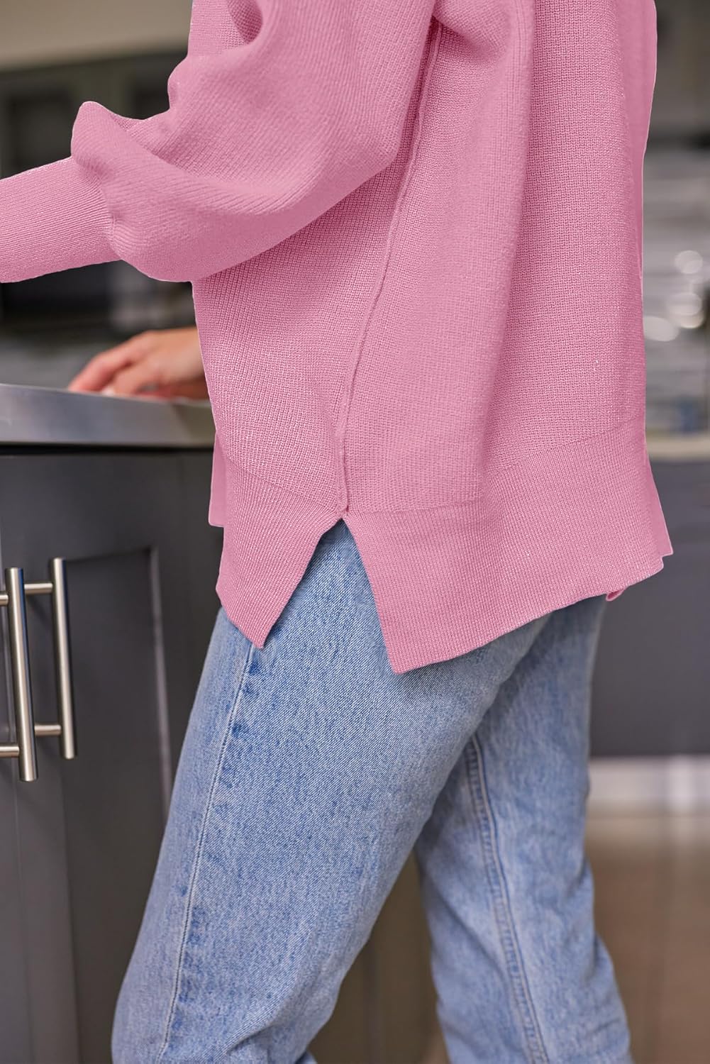 Women's Oversized Batwing Sweaters  Trendy Crewneck Knit Side Slit Fashion Pullover Tops