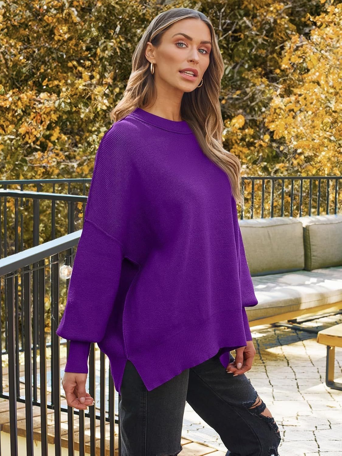 Women's Oversized Batwing Sweaters  Trendy Crewneck Knit Side Slit Fashion Pullover Tops