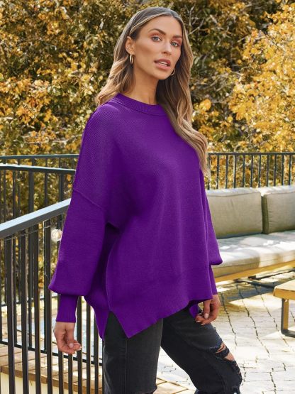 Women's Oversized Batwing Sweaters  Trendy Crewneck Knit Side Slit Fashion Pullover Tops