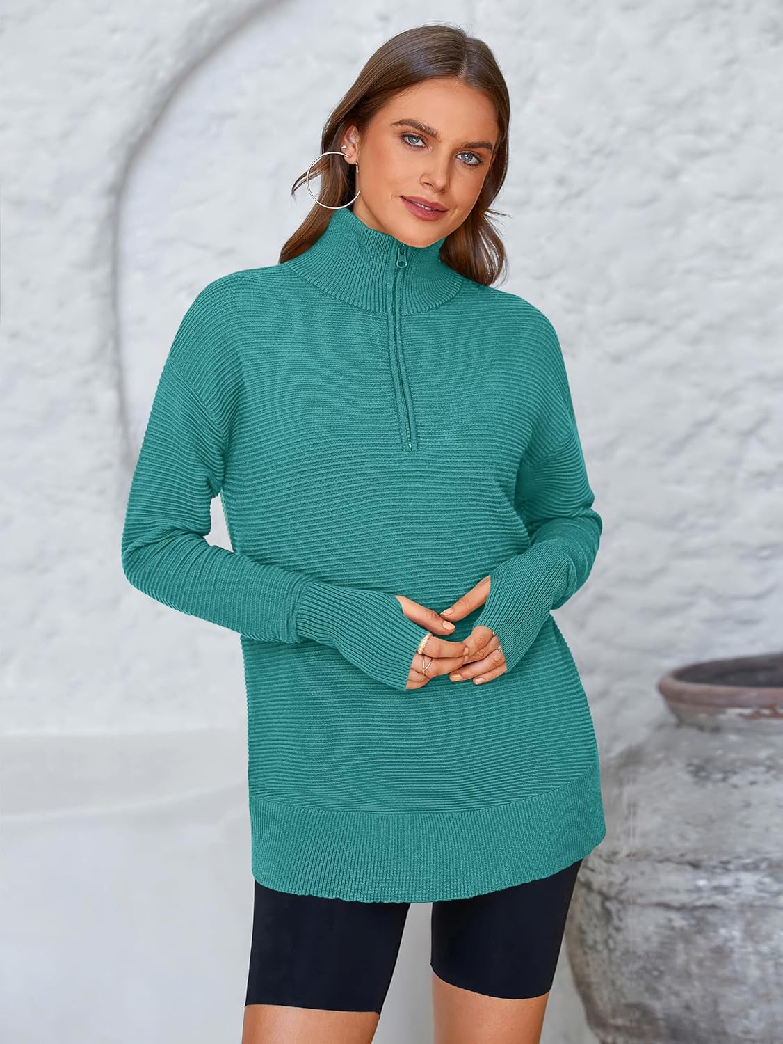  Womens Long Sleeve Quarter Zip Pullover Sweater Casual Loose V Neck Collared Ribbed Knit Jumper Tops Thumb Hole