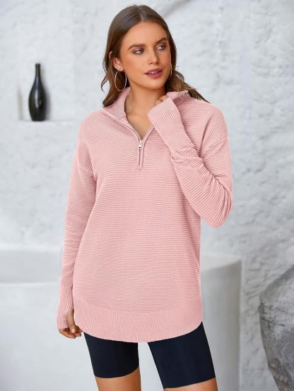  Womens Long Sleeve Quarter Zip Pullover Sweater Casual Loose V Neck Collared Ribbed Knit Jumper Tops Thumb Hole