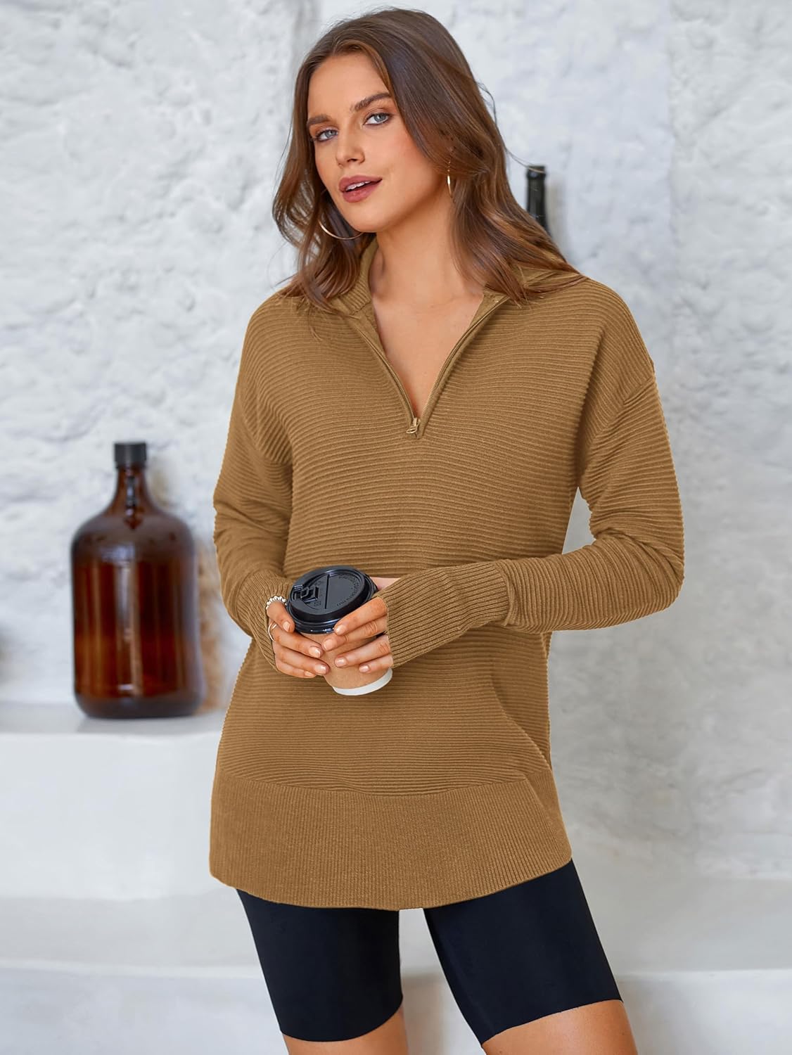  Womens Long Sleeve Quarter Zip Pullover Sweater Casual Loose V Neck Collared Ribbed Knit Jumper Tops Thumb Hole