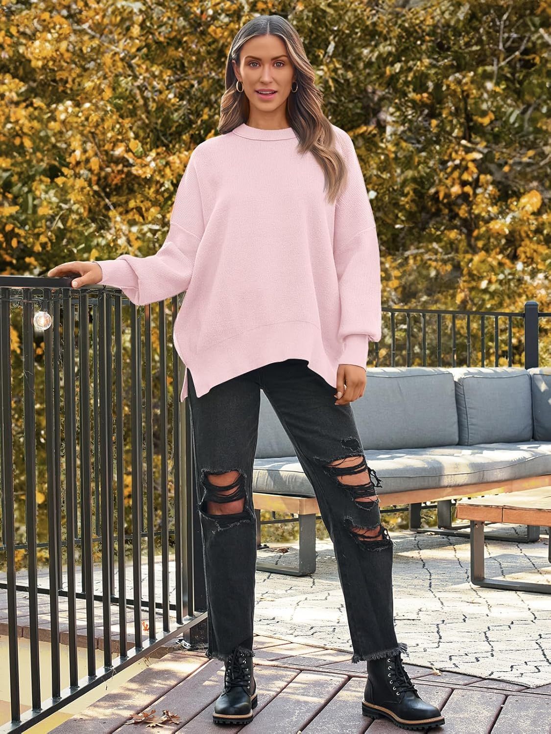 Women's Oversized Batwing Sweaters  Trendy Crewneck Knit Side Slit Fashion Pullover Tops