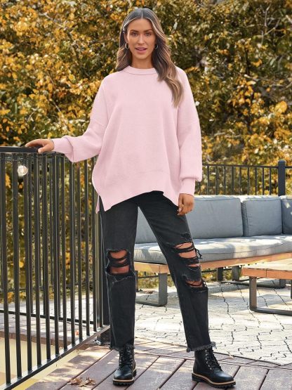 Women's Oversized Batwing Sweaters  Trendy Crewneck Knit Side Slit Fashion Pullover Tops
