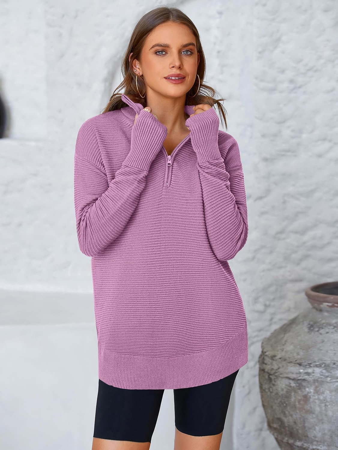  Womens Long Sleeve Quarter Zip Pullover Sweater Casual Loose V Neck Collared Ribbed Knit Jumper Tops Thumb Hole