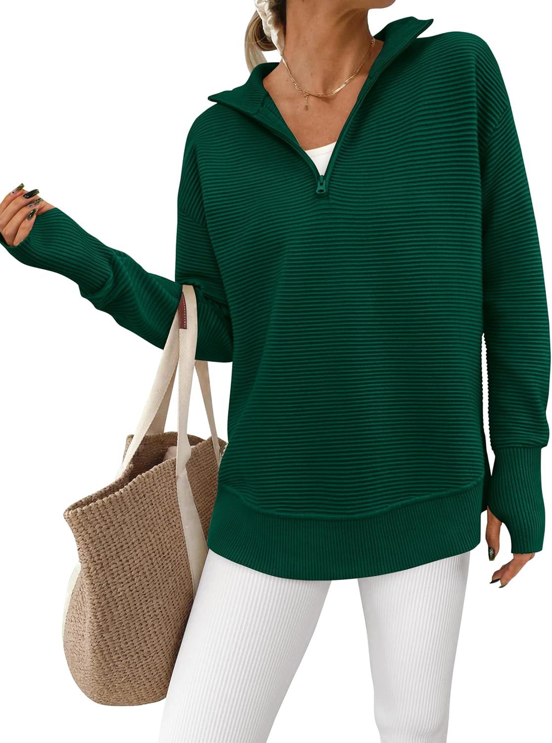  Womens Long Sleeve Quarter Zip Pullover Sweater Casual Loose V Neck Collared Ribbed Knit Jumper Tops Thumb Hole