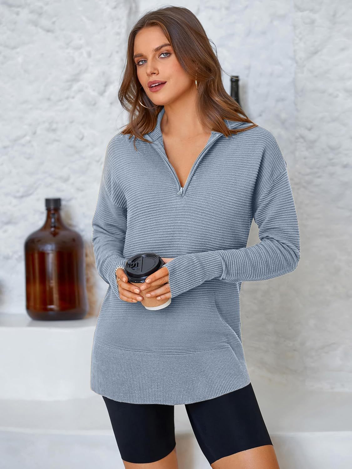  Womens Long Sleeve Quarter Zip Pullover Sweater Casual Loose V Neck Collared Ribbed Knit Jumper Tops Thumb Hole