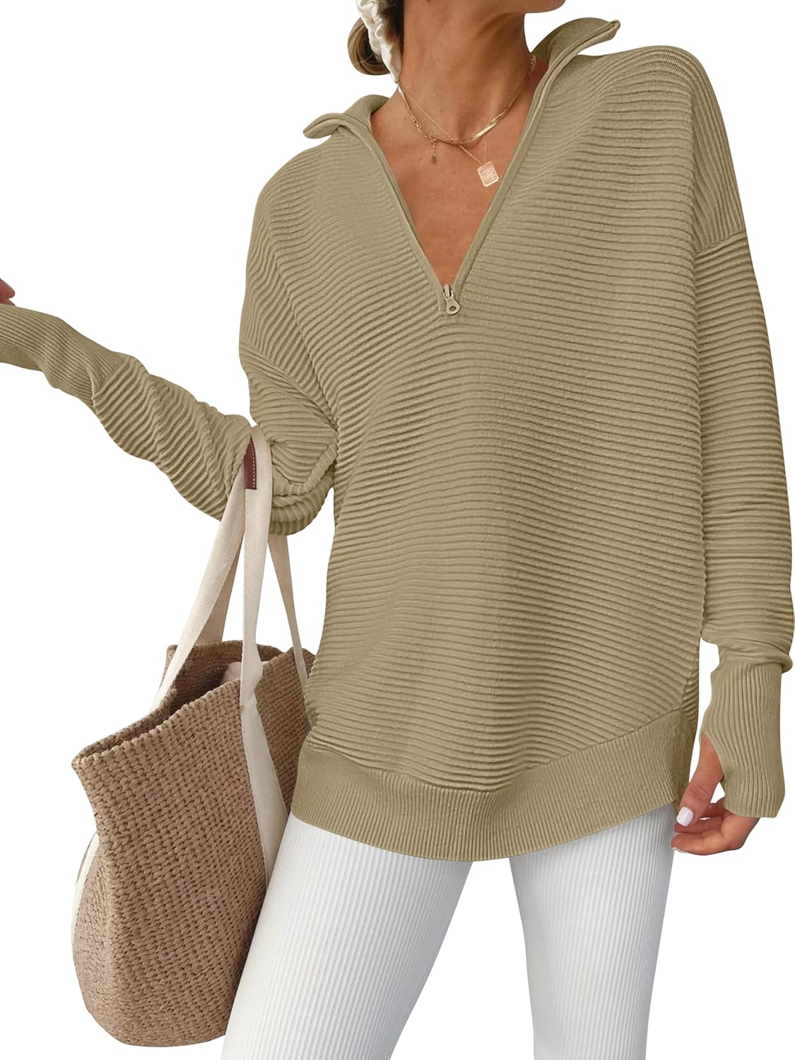 Womens Long Sleeve Quarter Zip Pullover Sweater Casual Loose V Neck Collared Ribbed Knit Jumper Tops Thumb Hole