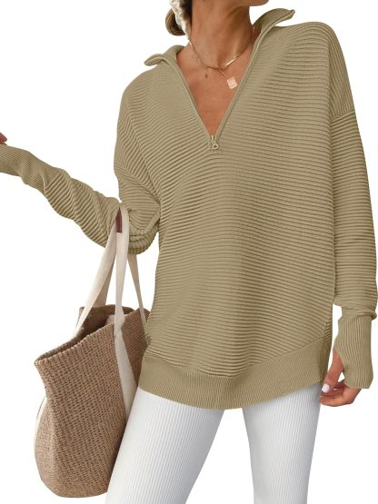 Womens Long Sleeve Quarter Zip Pullover Sweater Casual Loose V Neck Collared Ribbed Knit Jumper Tops Thumb Hole