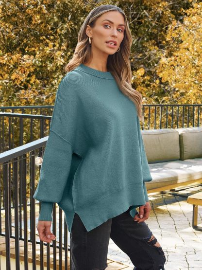 Women's Oversized Batwing Sweaters  Trendy Crewneck Knit Side Slit Fashion Pullover Tops