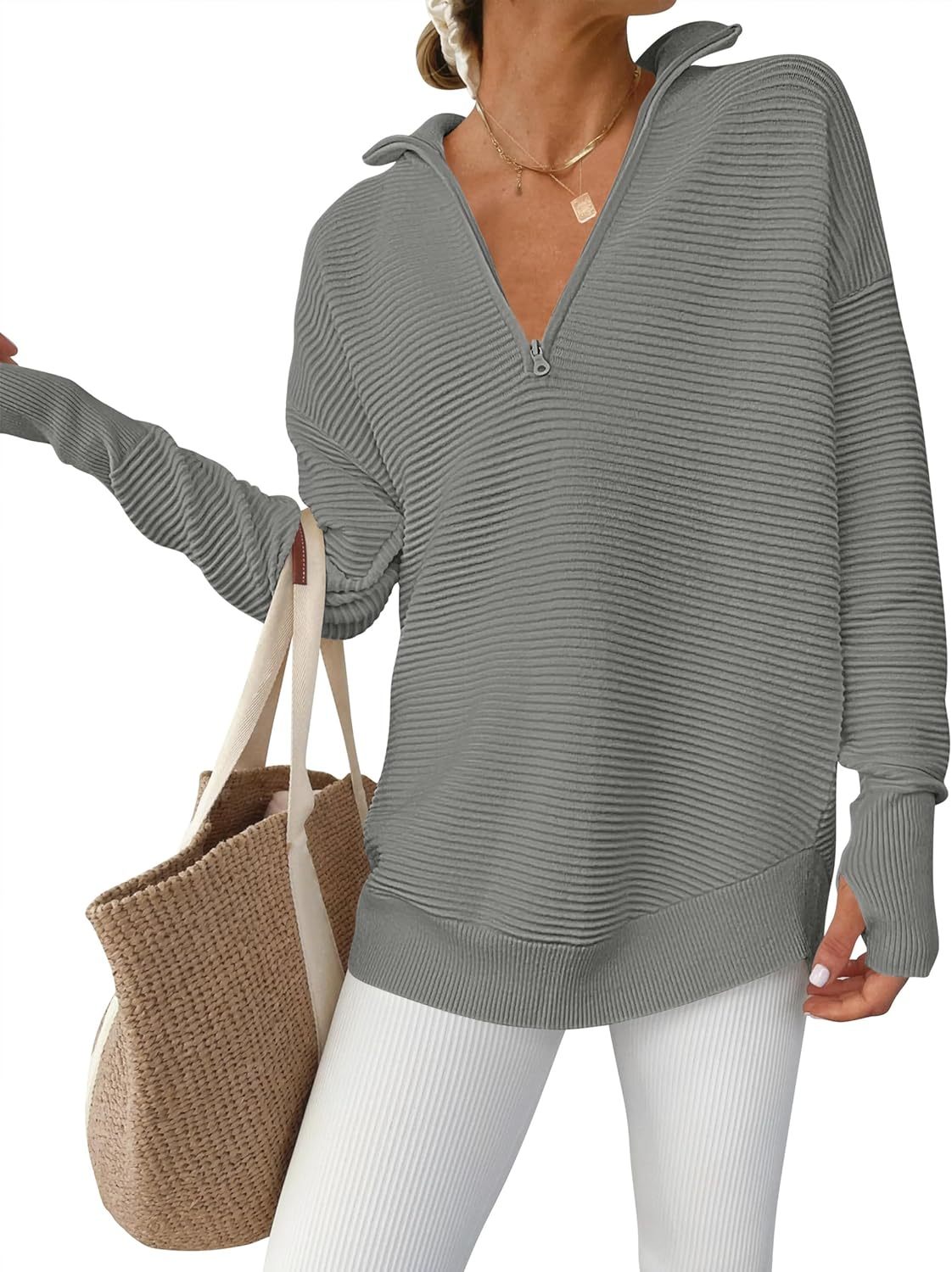 Womens Long Sleeve Quarter Zip Pullover Sweater Casual Loose V Neck Collared Ribbed Knit Jumper Tops Thumb Hole