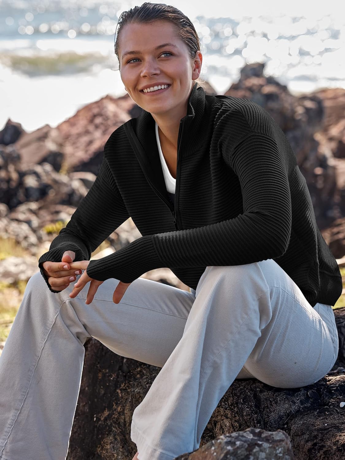 Womens Long Sleeve Quarter Zip Pullover Sweater Casual Loose V Neck Collared Ribbed Knit Jumper Tops Thumb Hole