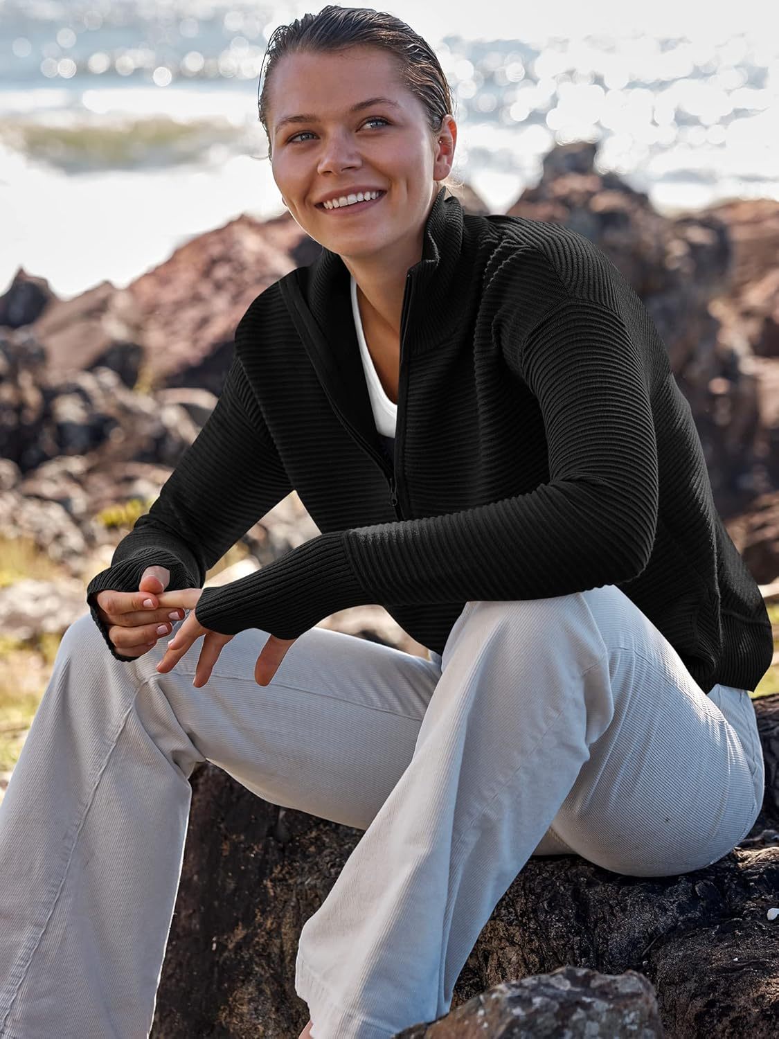 Womens Long Sleeve Quarter Zip Pullover Sweater Casual Loose V Neck Collared Ribbed Knit Jumper Tops Thumb Hole