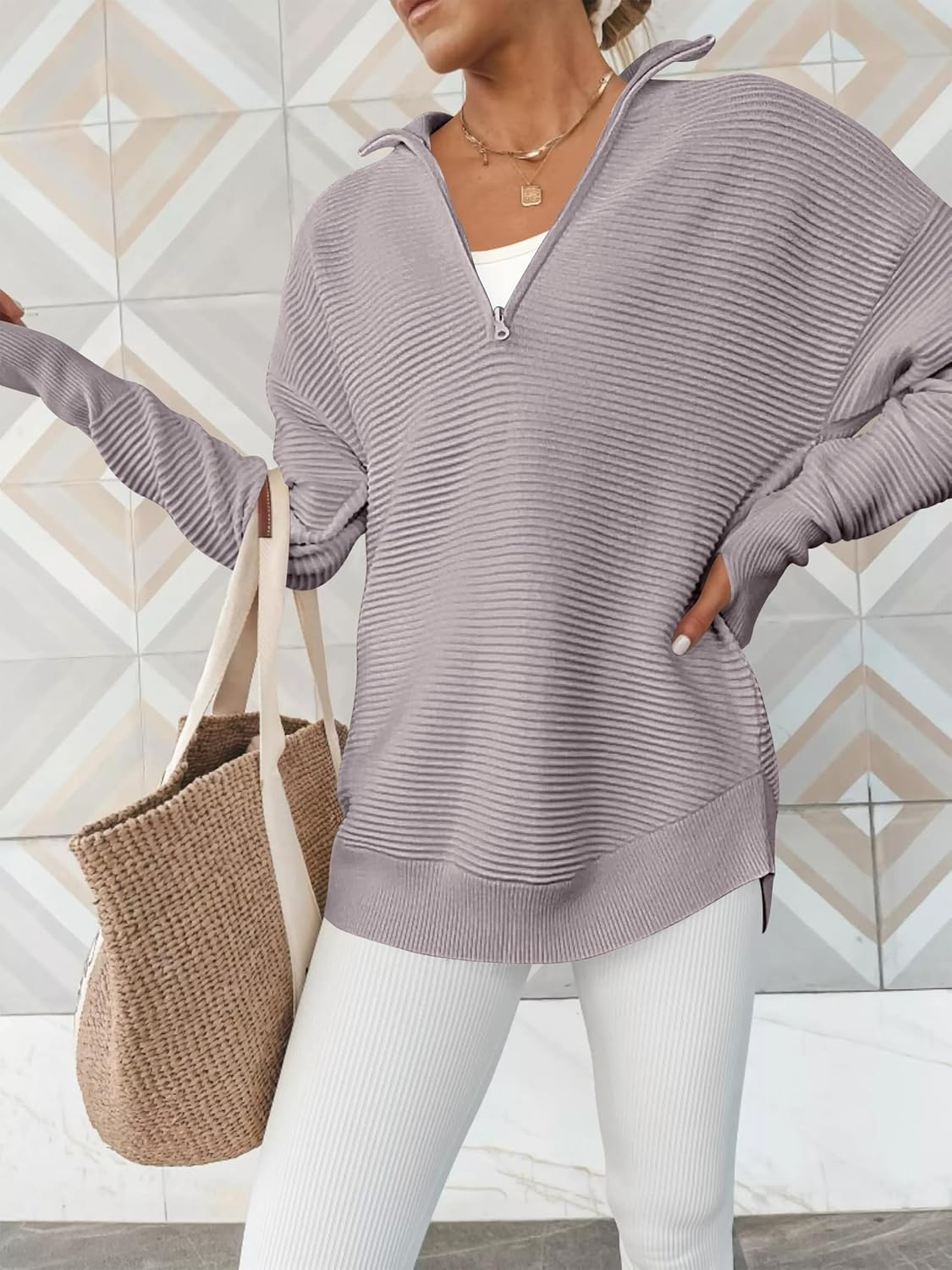 Womens Long Sleeve Quarter Zip Pullover Sweater Casual Loose V Neck Collared Ribbed Knit Jumper Tops Thumb Hole