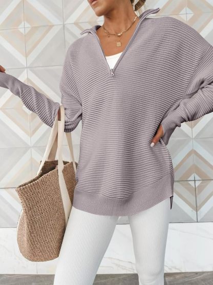 Womens Long Sleeve Quarter Zip Pullover Sweater Casual Loose V Neck Collared Ribbed Knit Jumper Tops Thumb Hole