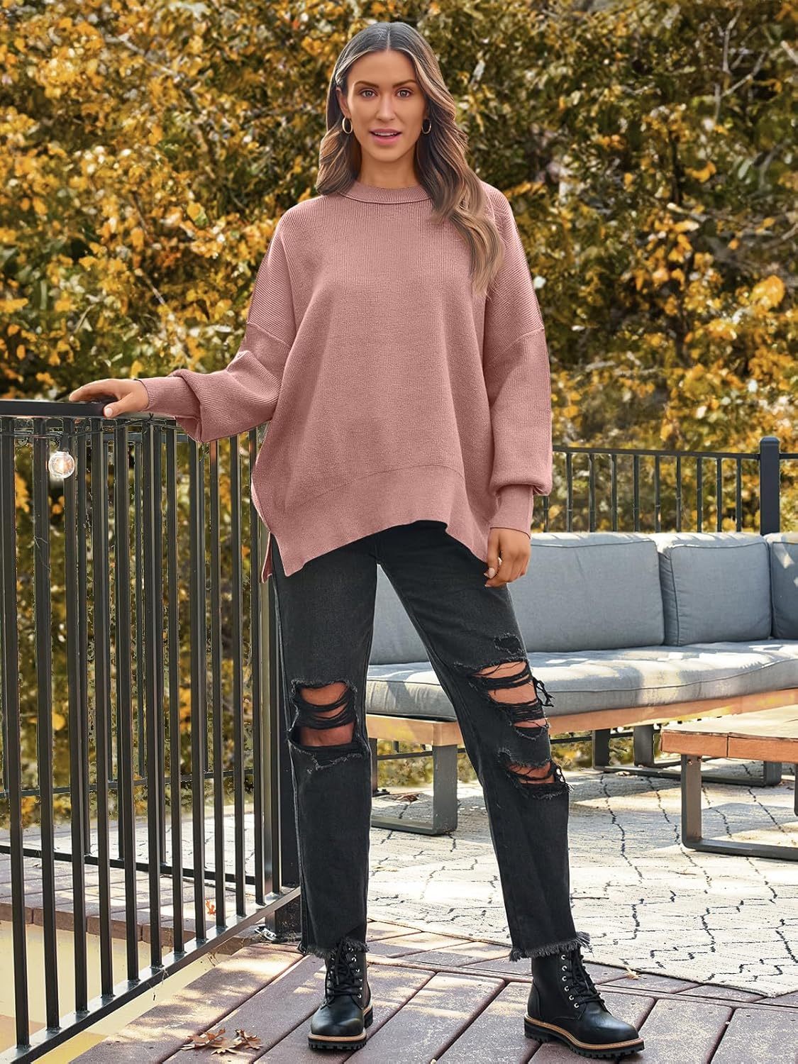 Women's Oversized Batwing Sweaters  Trendy Crewneck Knit Side Slit Fashion Pullover Tops