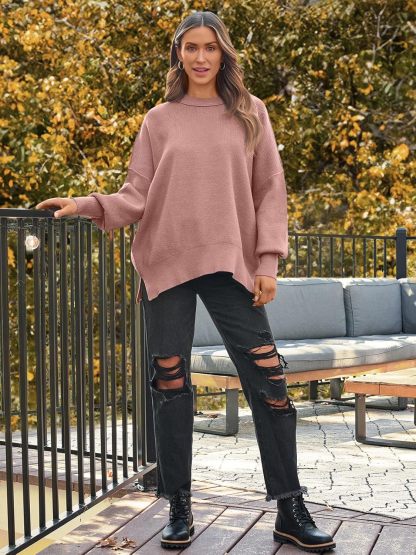 Women's Oversized Batwing Sweaters  Trendy Crewneck Knit Side Slit Fashion Pullover Tops