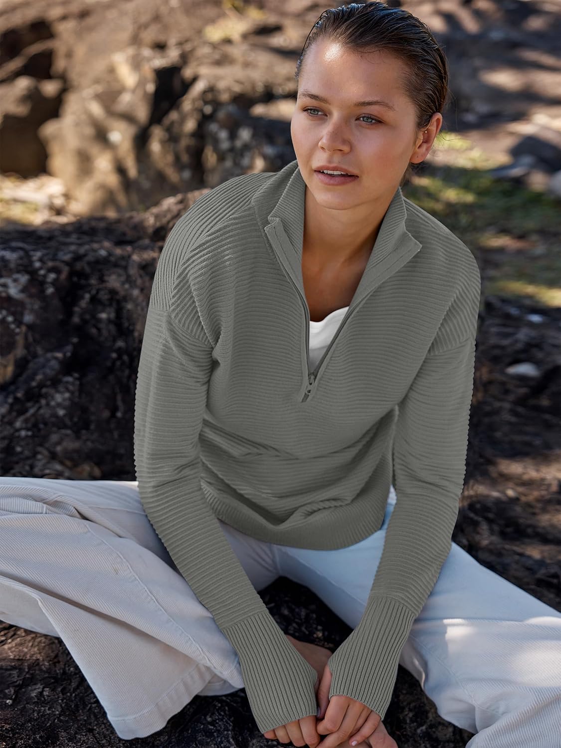 Womens Long Sleeve Quarter Zip Pullover Sweater Casual Loose V Neck Collared Ribbed Knit Jumper Tops Thumb Hole