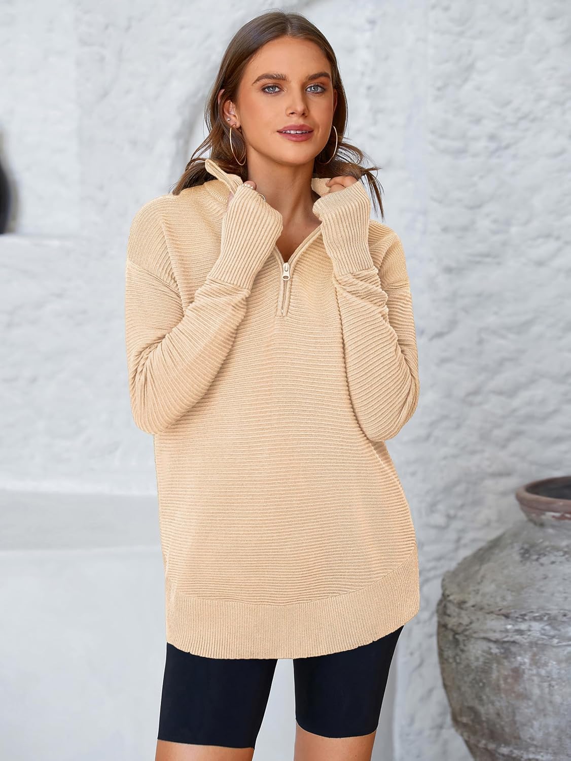  Womens Long Sleeve Quarter Zip Pullover Sweater Casual Loose V Neck Collared Ribbed Knit Jumper Tops Thumb Hole