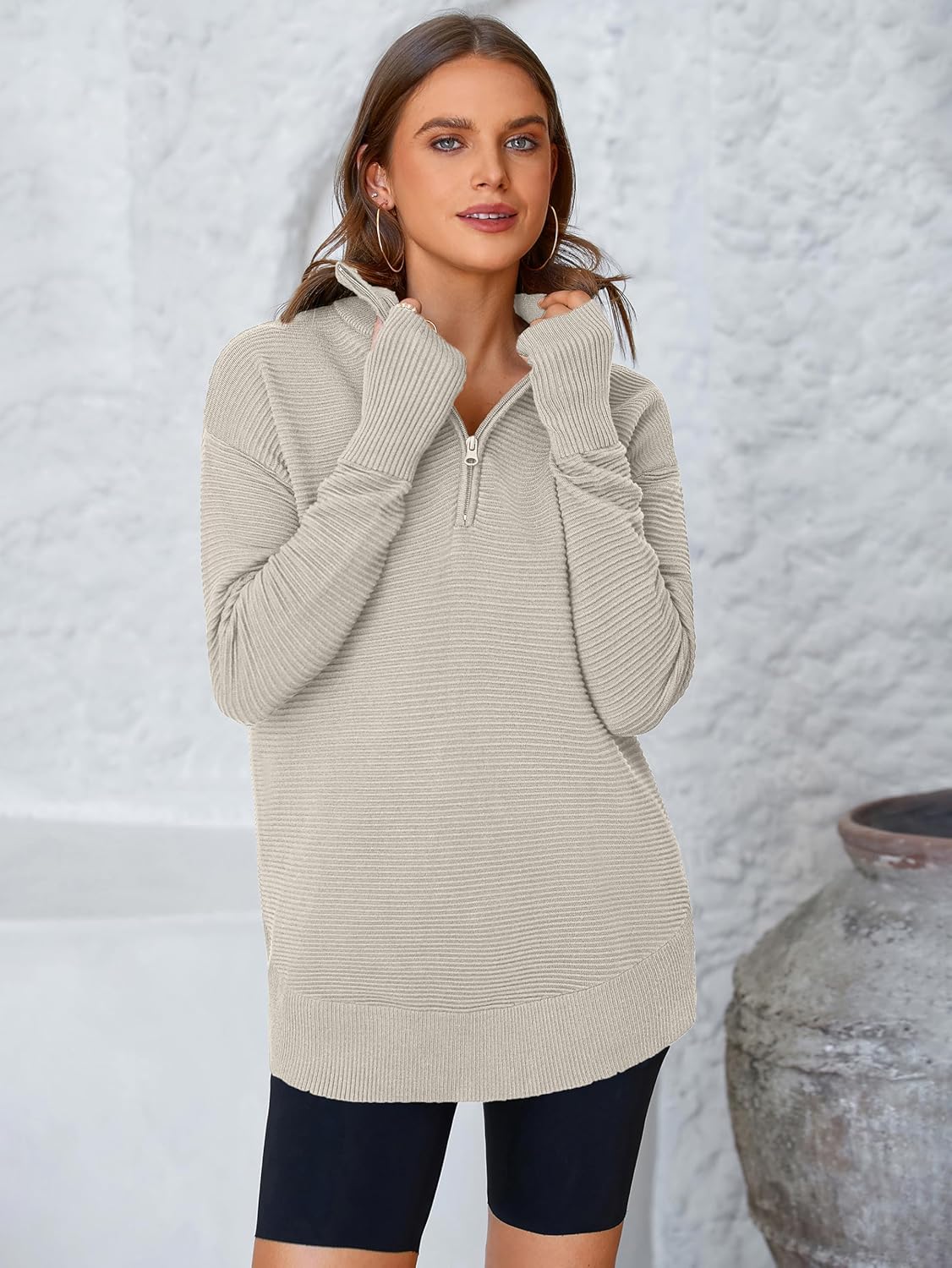  Womens Long Sleeve Quarter Zip Pullover Sweater Casual Loose V Neck Collared Ribbed Knit Jumper Tops Thumb Hole