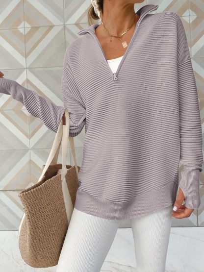 Womens Long Sleeve Quarter Zip Pullover Sweater Casual Loose V Neck Collared Ribbed Knit Jumper Tops Thumb Hole