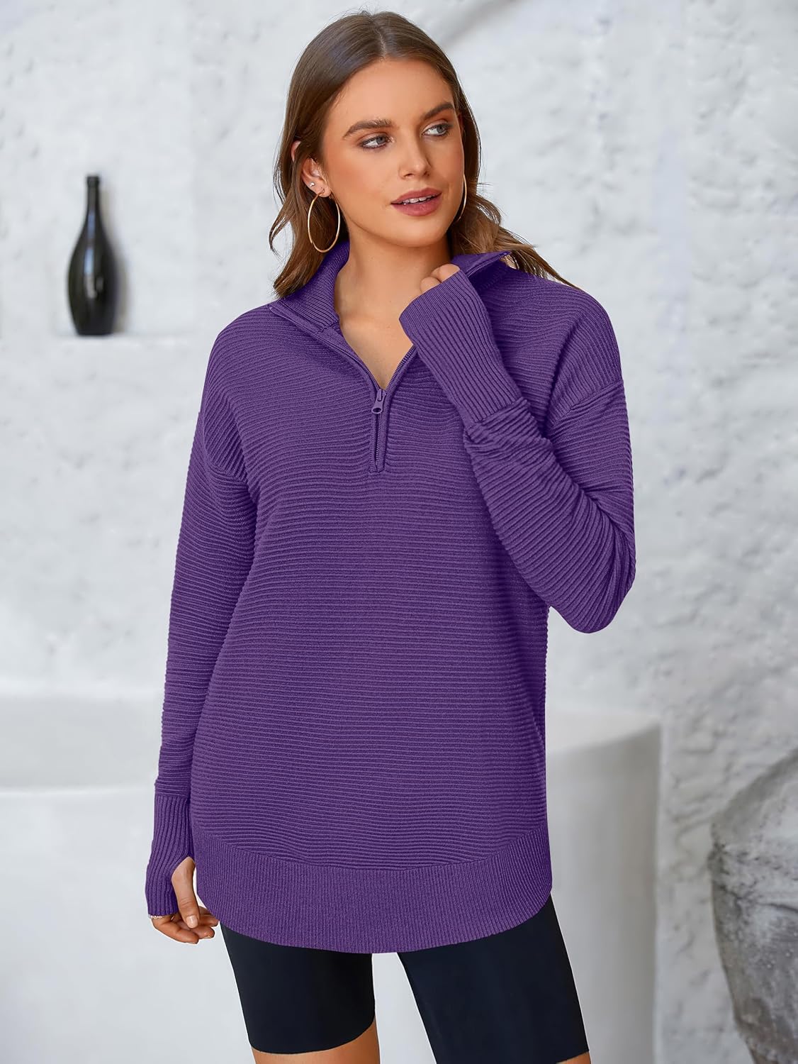  Womens Long Sleeve Quarter Zip Pullover Sweater Casual Loose V Neck Collared Ribbed Knit Jumper Tops Thumb Hole