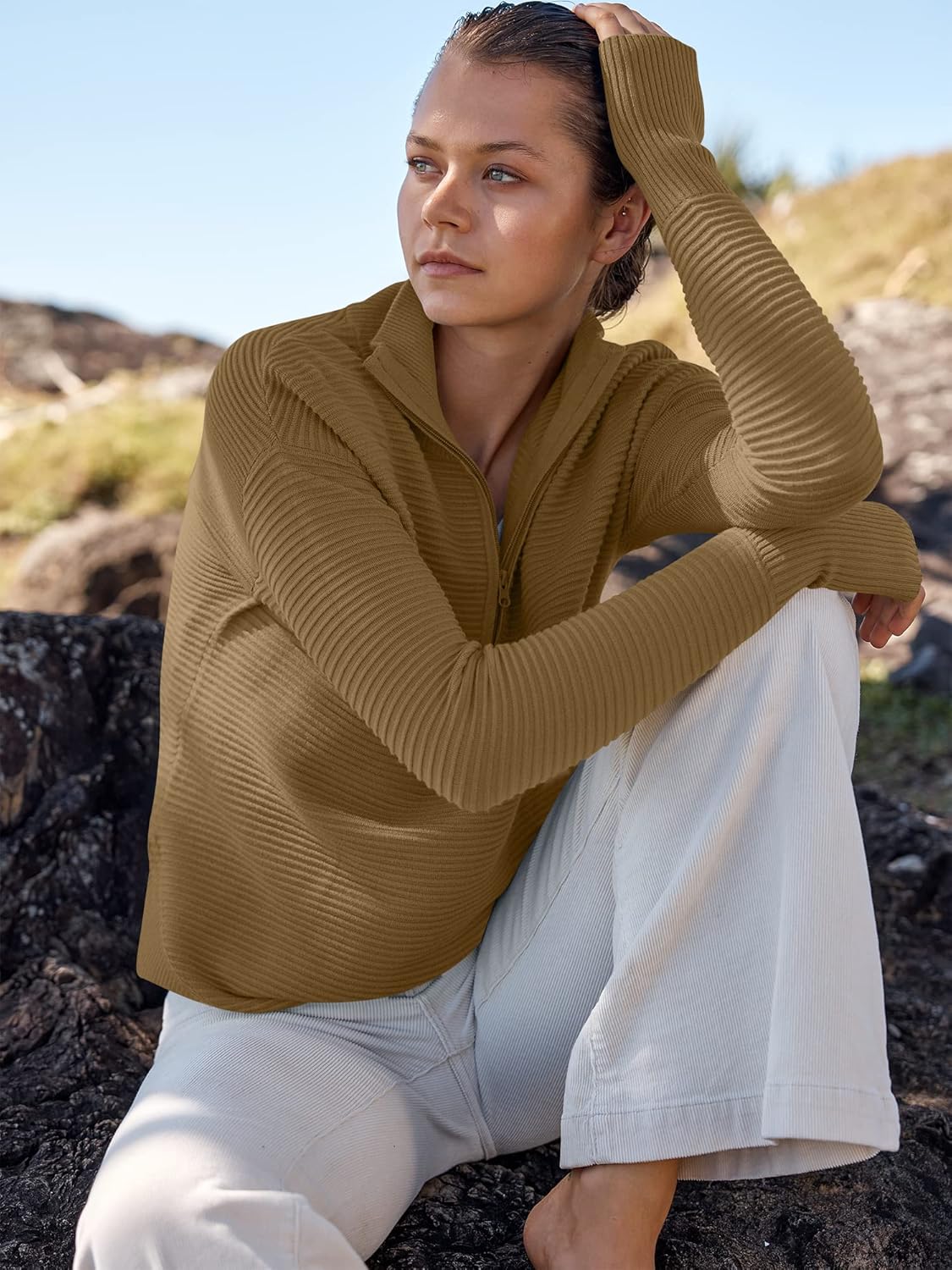 Womens Long Sleeve Quarter Zip Pullover Sweater Casual Loose V Neck Collared Ribbed Knit Jumper Tops Thumb Hole