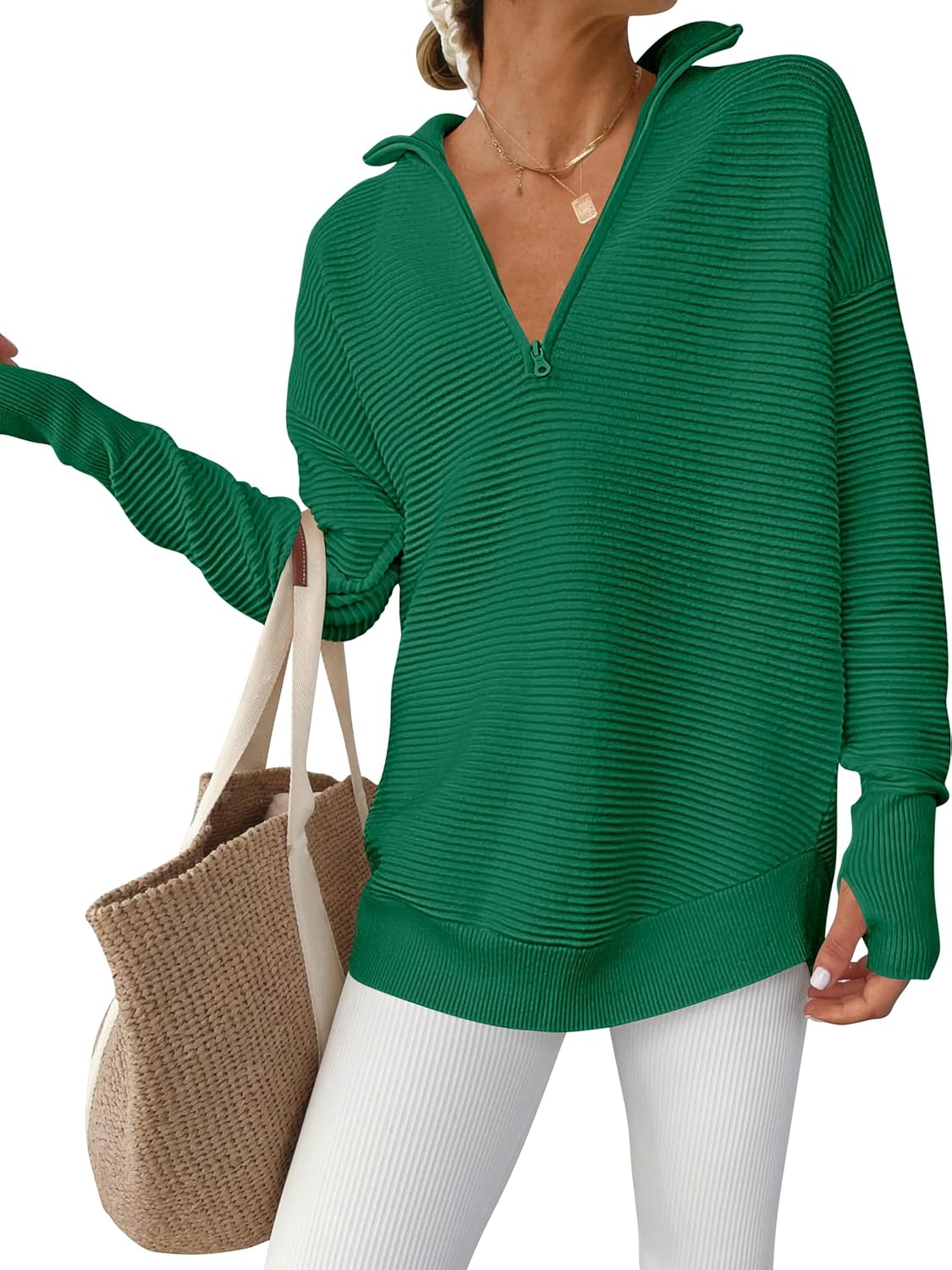 Womens Long Sleeve Quarter Zip Pullover Sweater Casual Loose V Neck Collared Ribbed Knit Jumper Tops Thumb Hole