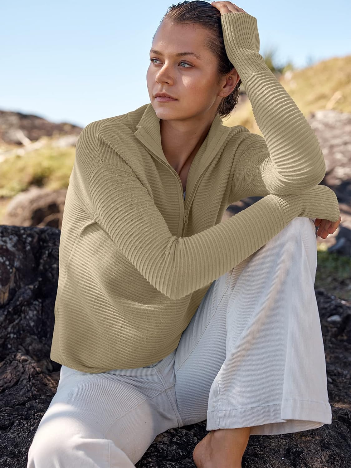 Womens Long Sleeve Quarter Zip Pullover Sweater Casual Loose V Neck Collared Ribbed Knit Jumper Tops Thumb Hole