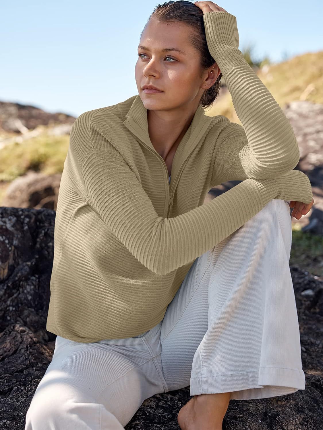 Womens Long Sleeve Quarter Zip Pullover Sweater Casual Loose V Neck Collared Ribbed Knit Jumper Tops Thumb Hole