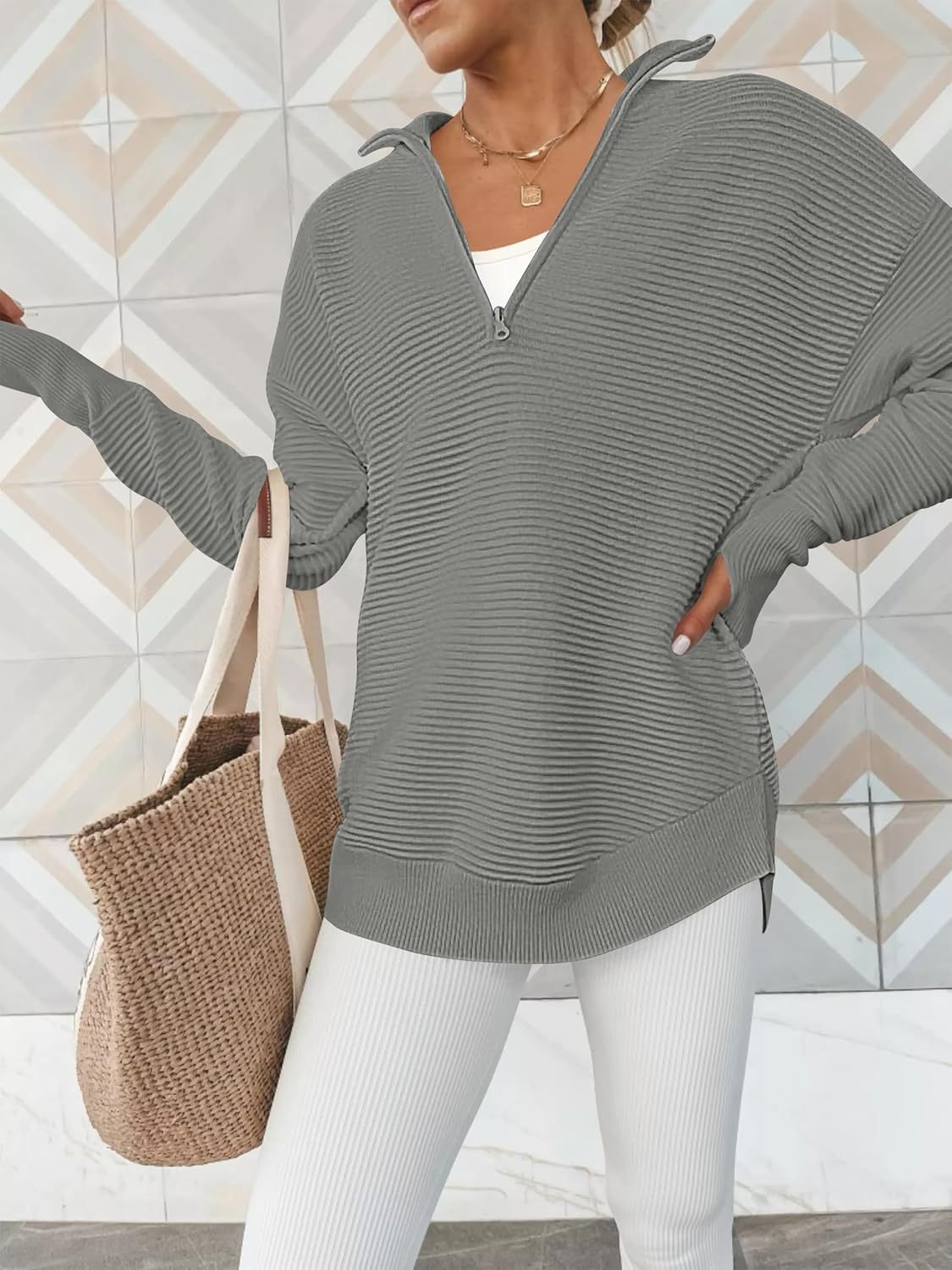 Womens Long Sleeve Quarter Zip Pullover Sweater Casual Loose V Neck Collared Ribbed Knit Jumper Tops Thumb Hole