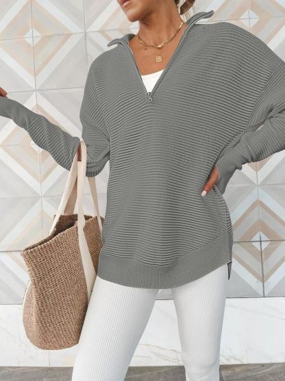 Womens Long Sleeve Quarter Zip Pullover Sweater Casual Loose V Neck Collared Ribbed Knit Jumper Tops Thumb Hole