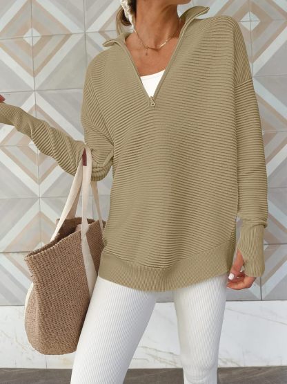 Womens Long Sleeve Quarter Zip Pullover Sweater Casual Loose V Neck Collared Ribbed Knit Jumper Tops Thumb Hole