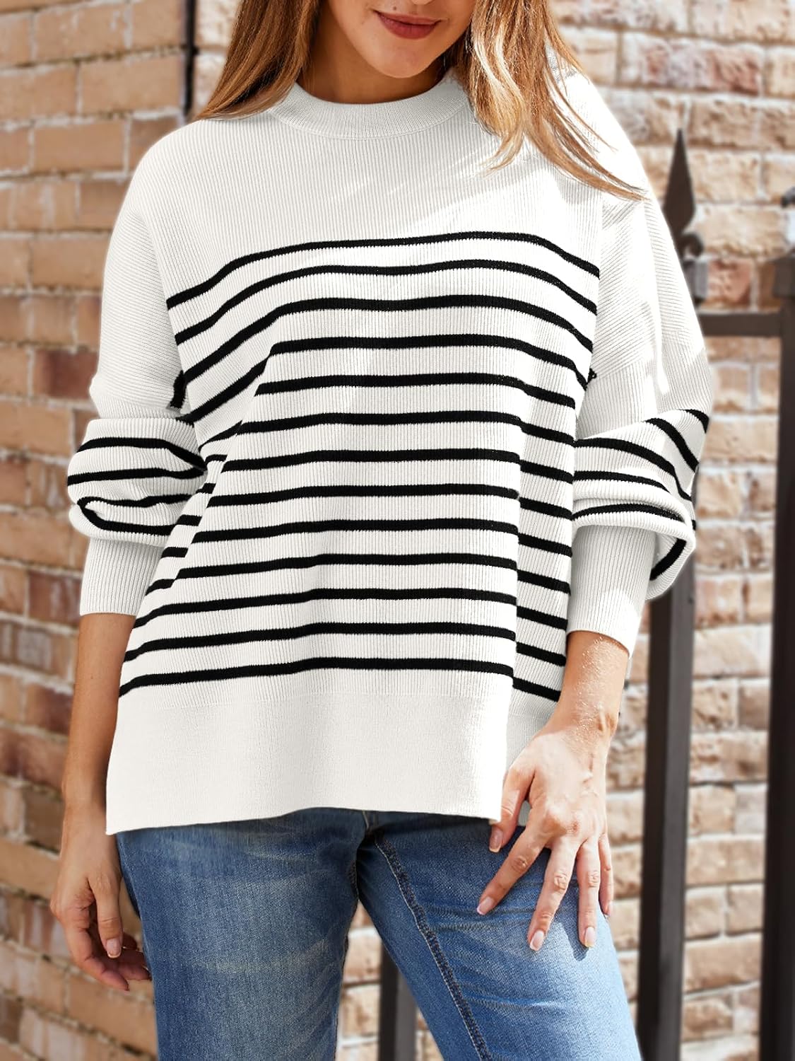 Women's Oversized Batwing Sweaters  Trendy Crewneck Knit Side Slit Fashion Pullover Tops