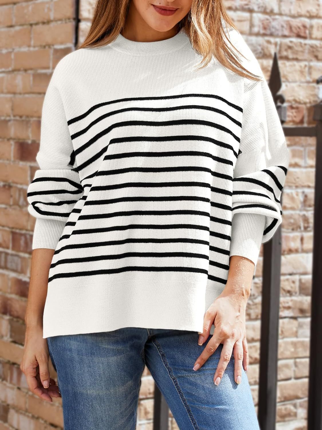 Women's Oversized Batwing Sweaters  Trendy Crewneck Knit Side Slit Fashion Pullover Tops