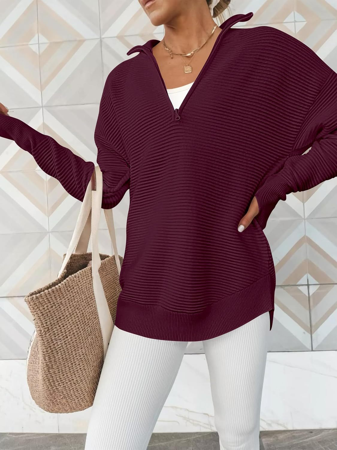 Womens Long Sleeve Quarter Zip Pullover Sweater Casual Loose V Neck Collared Ribbed Knit Jumper Tops Thumb Hole