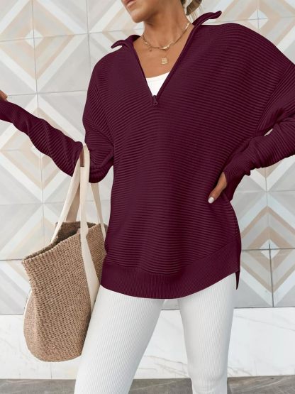 Womens Long Sleeve Quarter Zip Pullover Sweater Casual Loose V Neck Collared Ribbed Knit Jumper Tops Thumb Hole
