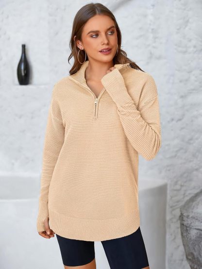  Womens Long Sleeve Quarter Zip Pullover Sweater Casual Loose V Neck Collared Ribbed Knit Jumper Tops Thumb Hole