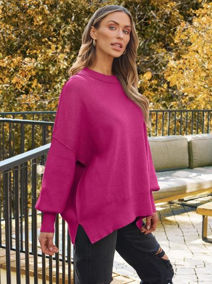 Women's Oversized Batwing Sweaters  Trendy Crewneck Knit Side Slit Fashion Pullover Tops