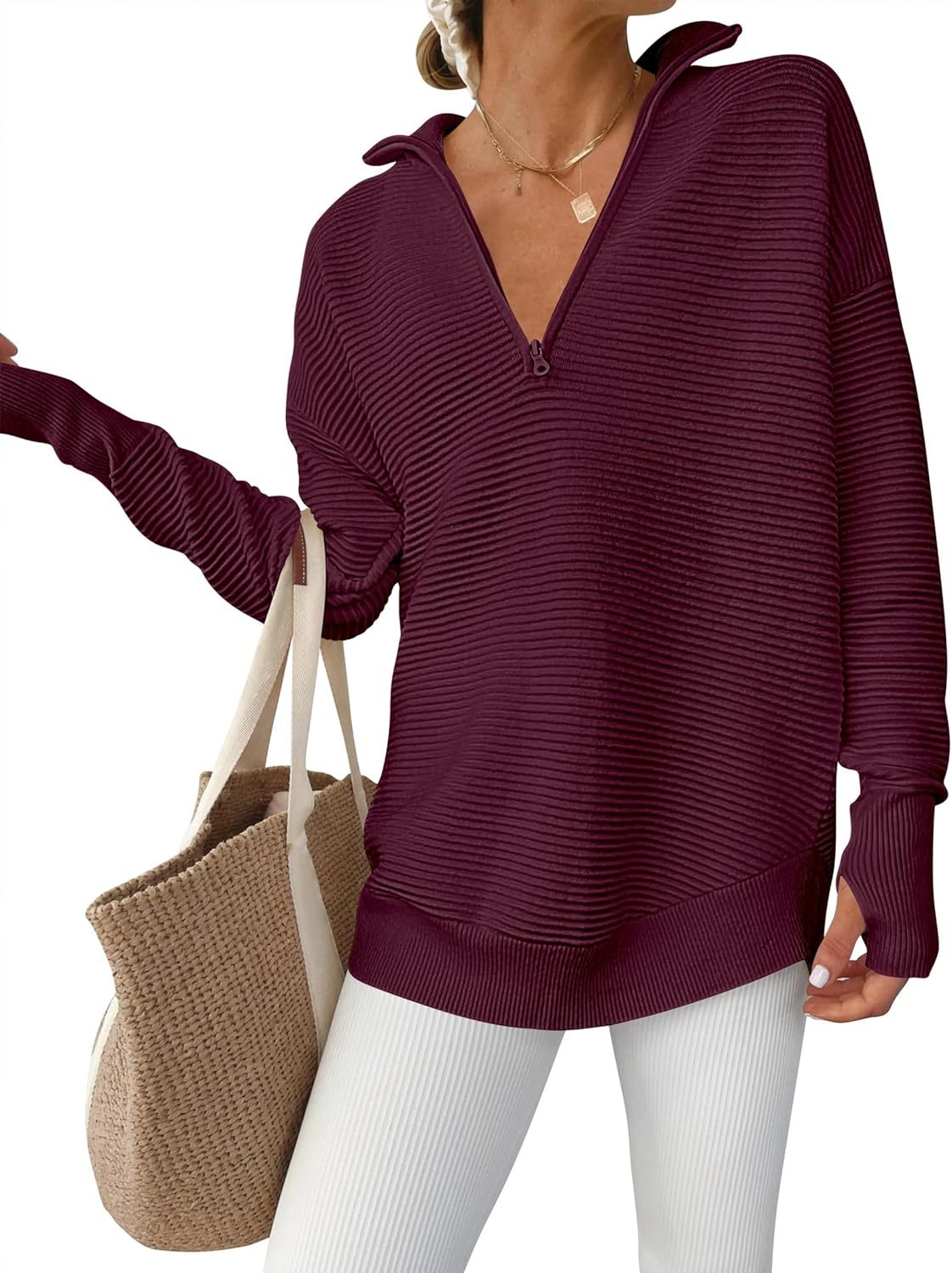 Womens Long Sleeve Quarter Zip Pullover Sweater Casual Loose V Neck Collared Ribbed Knit Jumper Tops Thumb Hole