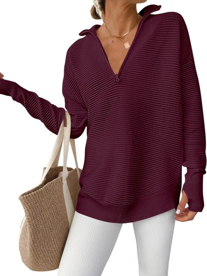 Womens Long Sleeve Quarter Zip Pullover Sweater Casual Loose V Neck Collared Ribbed Knit Jumper Tops Thumb Hole