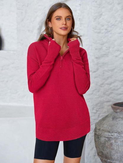  Womens Long Sleeve Quarter Zip Pullover Sweater Casual Loose V Neck Collared Ribbed Knit Jumper Tops Thumb Hole