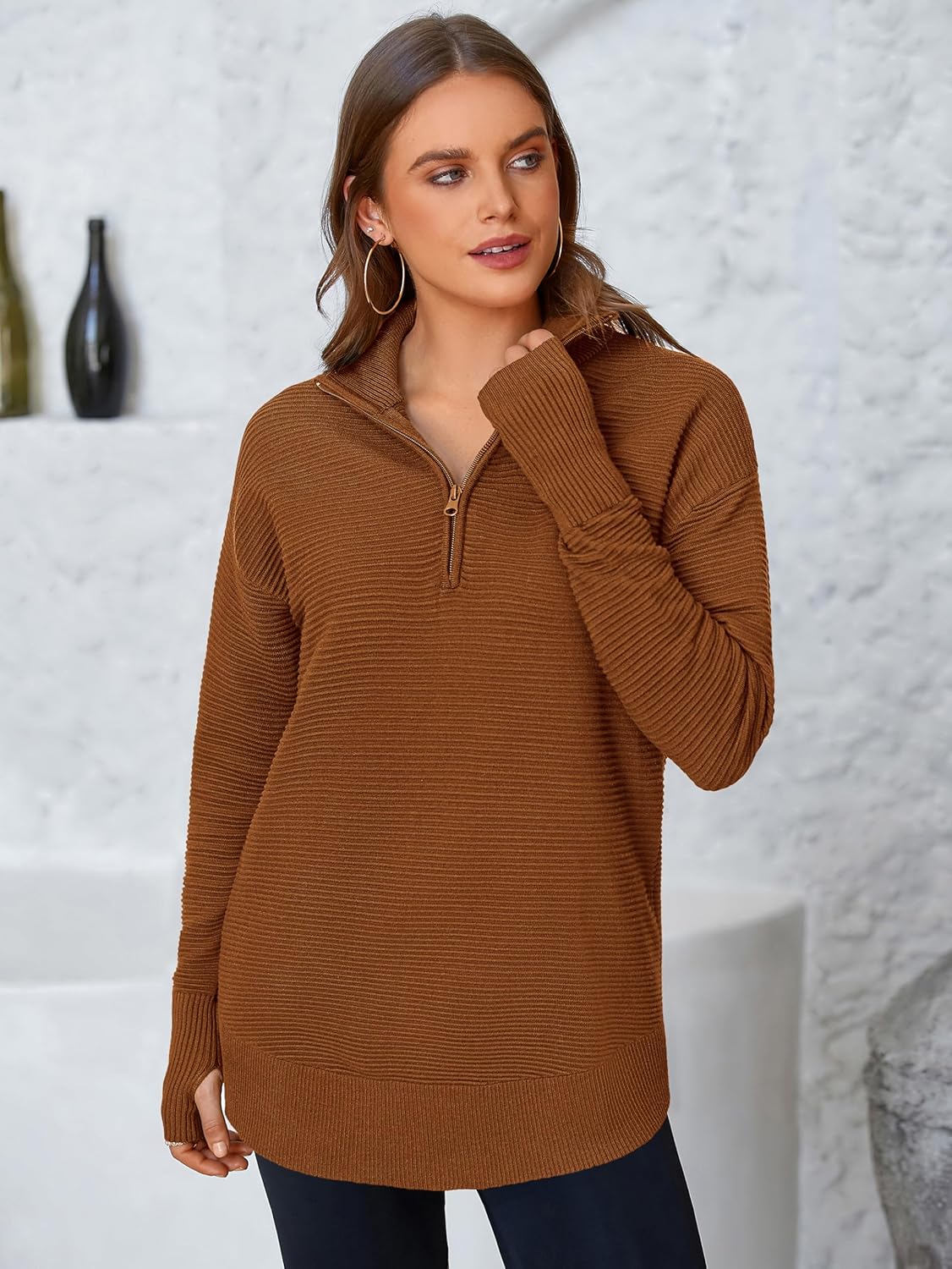  Womens Long Sleeve Quarter Zip Pullover Sweater Casual Loose V Neck Collared Ribbed Knit Jumper Tops Thumb Hole