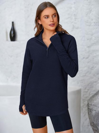  Womens Long Sleeve Quarter Zip Pullover Sweater Casual Loose V Neck Collared Ribbed Knit Jumper Tops Thumb Hole