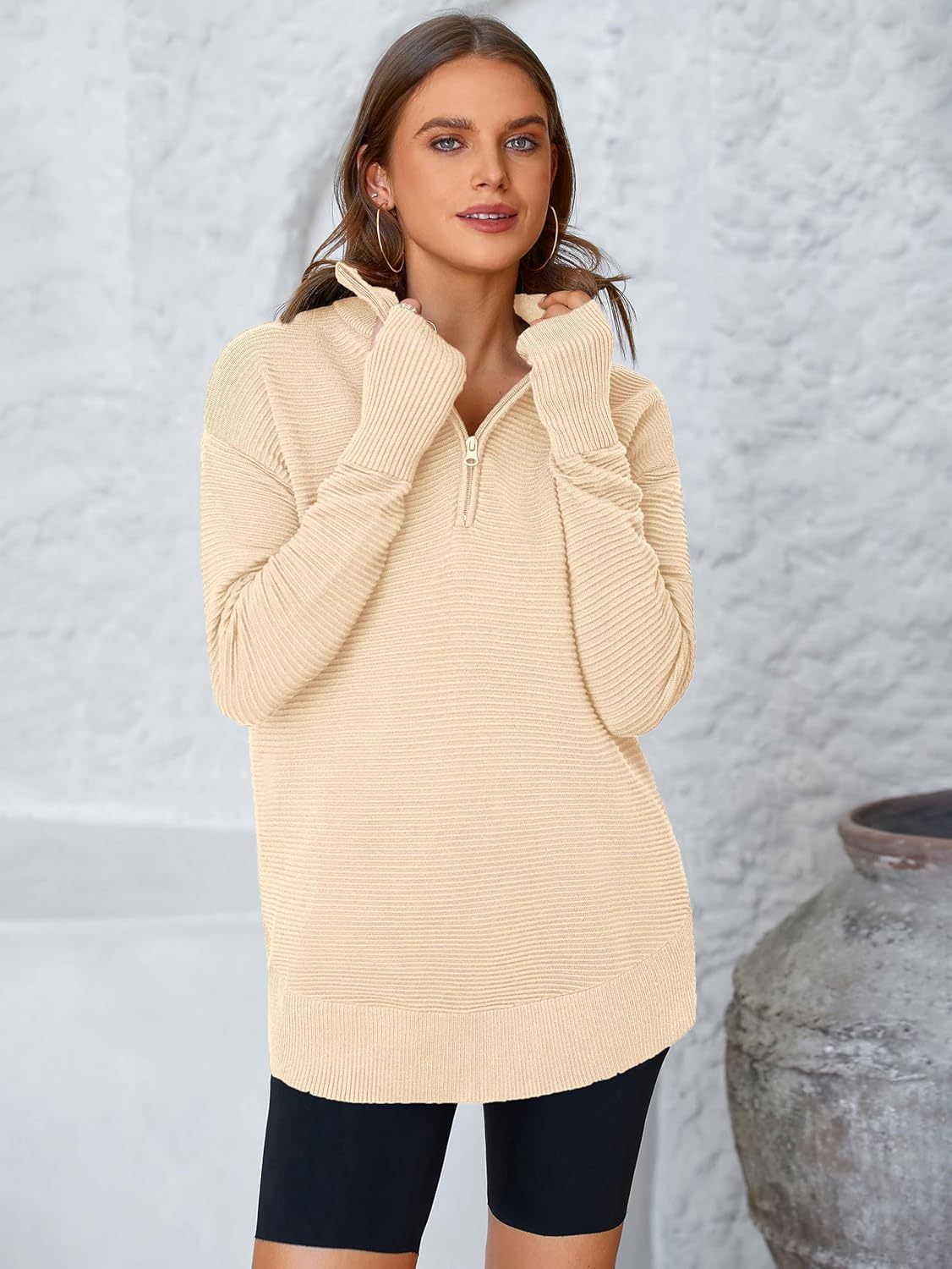  Womens Long Sleeve Quarter Zip Pullover Sweater Casual Loose V Neck Collared Ribbed Knit Jumper Tops Thumb Hole