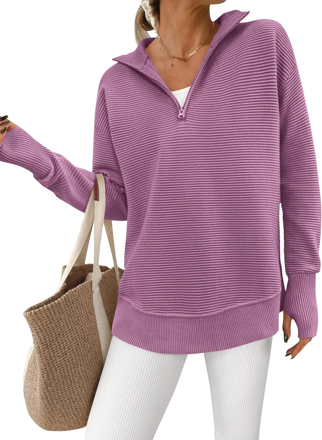  Womens Long Sleeve Quarter Zip Pullover Sweater Casual Loose V Neck Collared Ribbed Knit Jumper Tops Thumb Hole