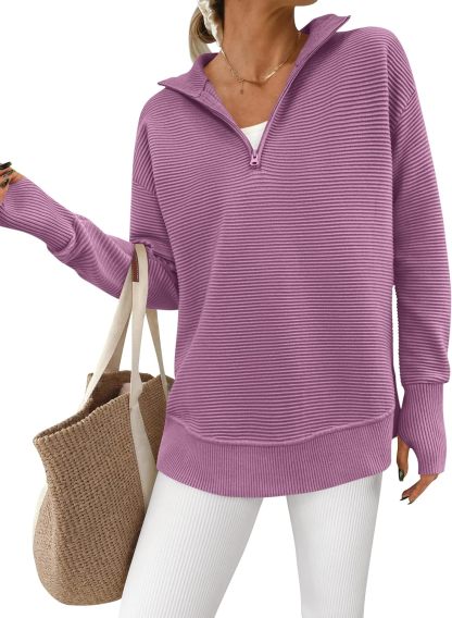  Womens Long Sleeve Quarter Zip Pullover Sweater Casual Loose V Neck Collared Ribbed Knit Jumper Tops Thumb Hole