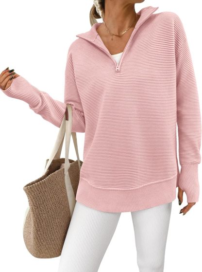  Womens Long Sleeve Quarter Zip Pullover Sweater Casual Loose V Neck Collared Ribbed Knit Jumper Tops Thumb Hole