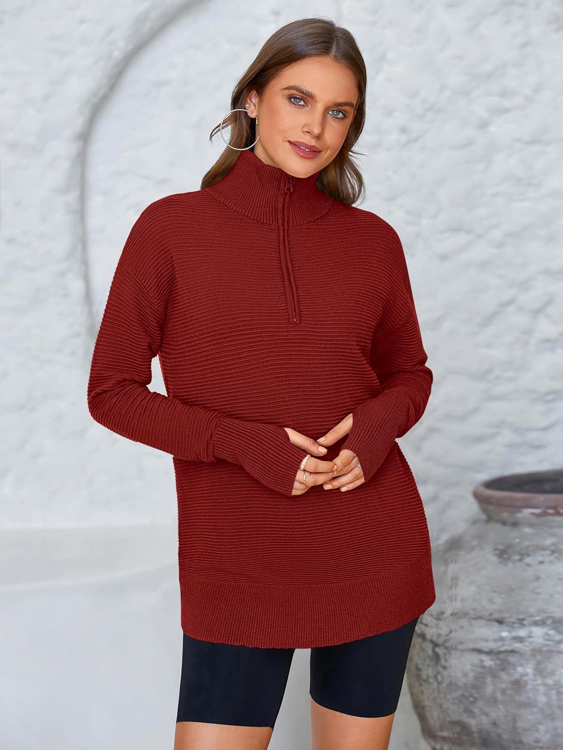  Womens Long Sleeve Quarter Zip Pullover Sweater Casual Loose V Neck Collared Ribbed Knit Jumper Tops Thumb Hole