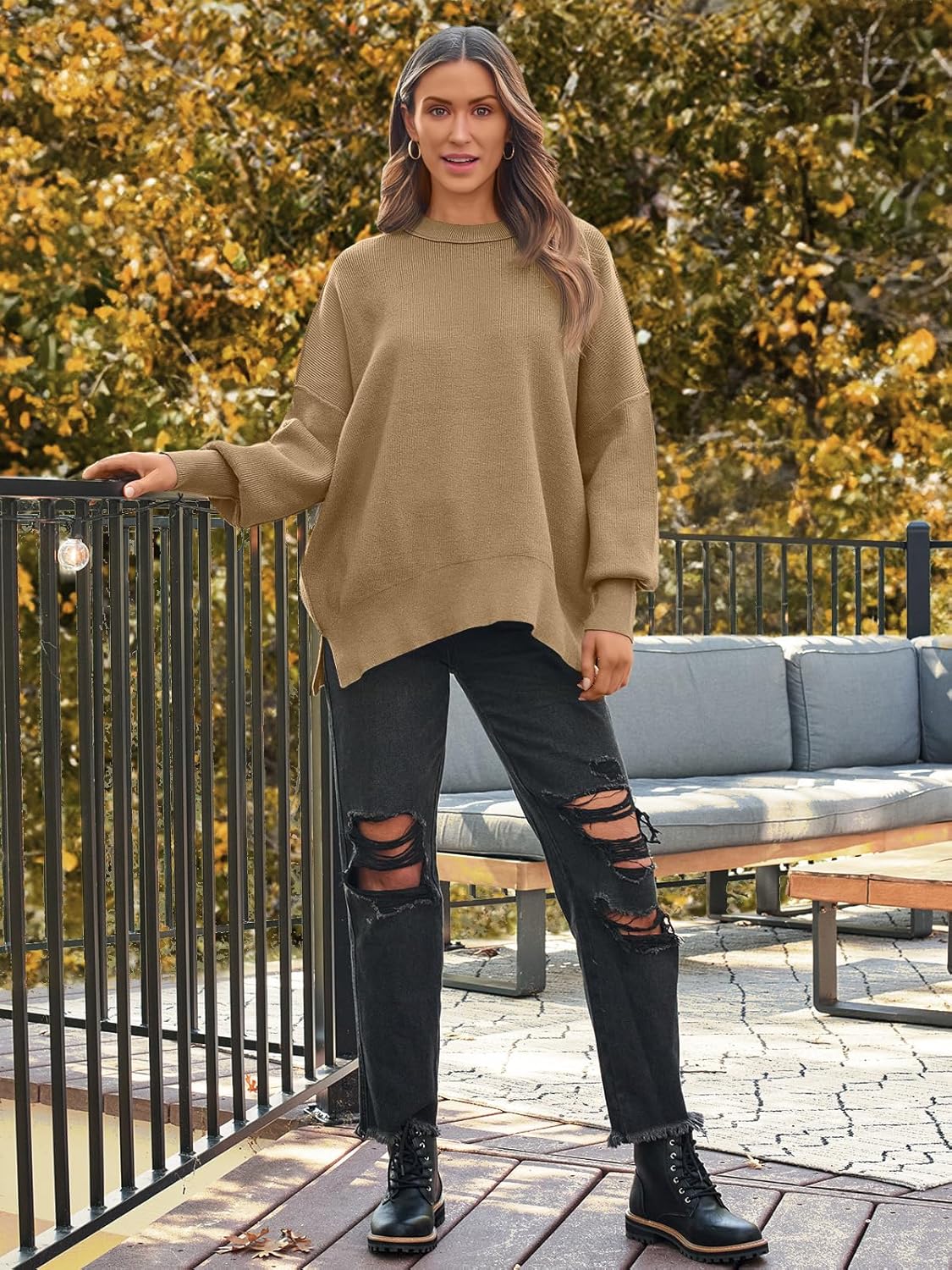 Women's Oversized Batwing Sweaters  Trendy Crewneck Knit Side Slit Fashion Pullover Tops